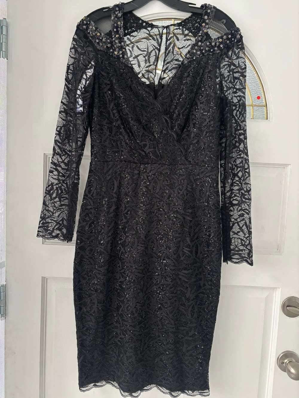 Badgley Mischka Black Beaded Lace Long Sleeve Dress